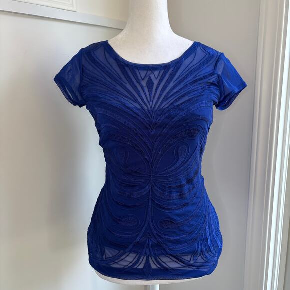 Royal Blue Y2K Embroidered Design Sheer T-Shirt Small 2000s Gen Z Fitted Moody - Picture 7 of 7